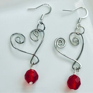 Silver Stainless Steel Wire Heart Shaped Earrings w Red Beads